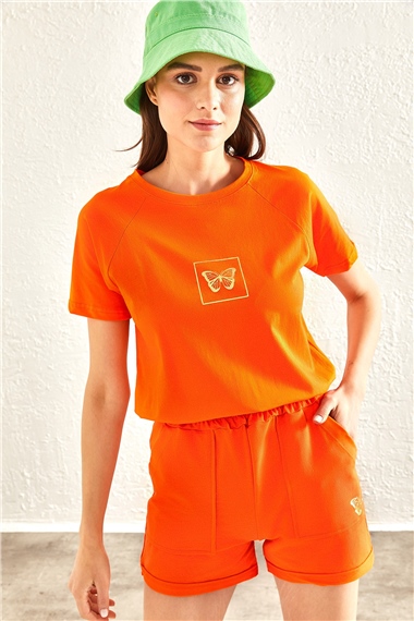 Kadın Kelebek Baskılı T-shirt Şort Takım